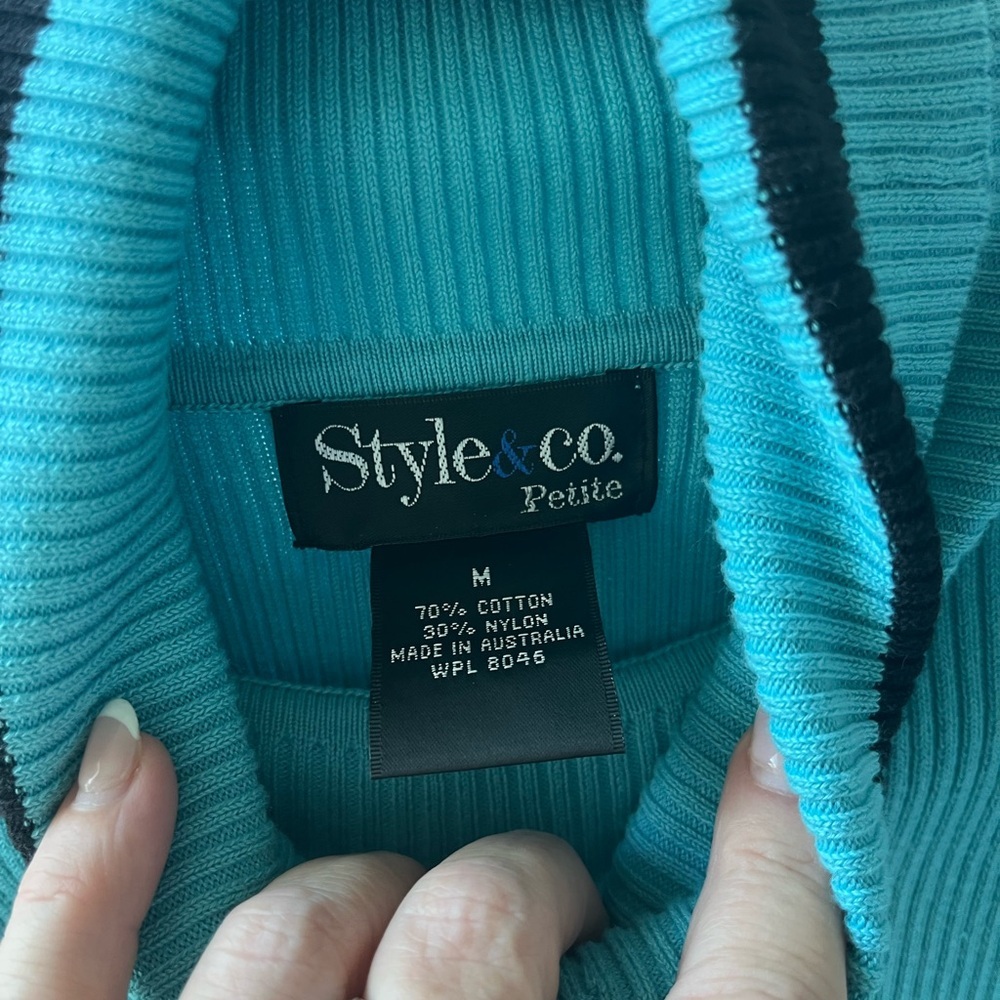 Style & Co. Aqua and Black Ribbed Turtleneck Sweater - Picture 3 of 5